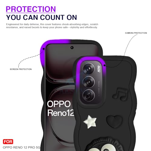 Image of AESTMO Back Case Cover for Oppo Reno 12 Pro 5G | 3D Cute Fun Cartoon Characters | Anti Slip Grip Cute Wave Curly Frame Shape | Full Body Protection Back Cover for Oppo Reno 12 Pro 5G | (Black)