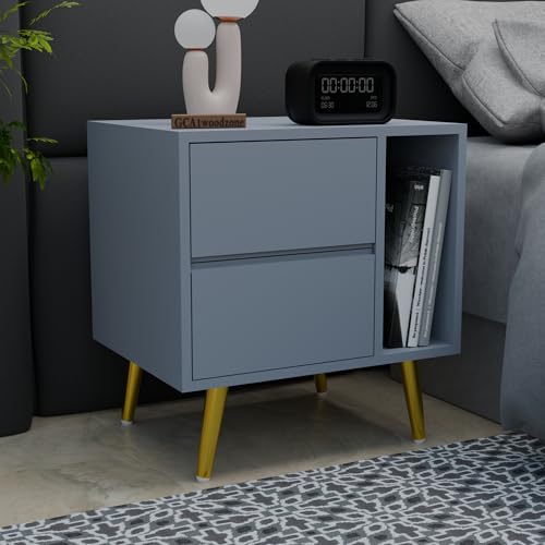 Image of Wooden Bedside Table for Bedroom | Wooden Bed Side Nightstand Lamp Table with 2 Drawers & Open Shelf Storage for Home & Hotels | HDMR Premium Wood & Iron Legs(Matte Slate Blue)