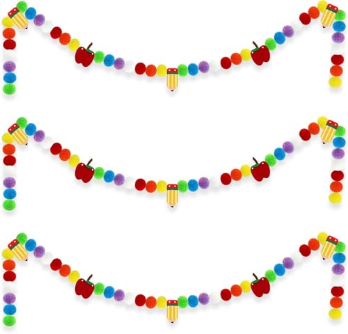 Image of 3 Pcs Back to School Felt Banner Pencil Apple Garland Classroom Return to School Pom Pom Ball Garland Colorful Pompom Hanging Banner Hanging Garlands for First Day of School Classroom Decorations