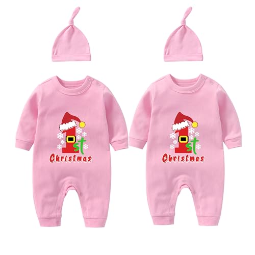 Image of QIANWANYI Baby Twins Bodysuit My First Christmas Newborn Baby Romper Unisex Toddler Cute Outfits Set(pink 12m)