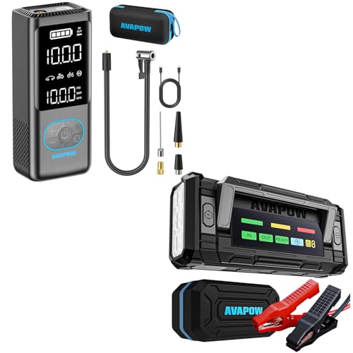 Image of AVAPOW 8000A Battery Jumper Starter Portable with 4″ HD Display PD 30W Dual-Way Fast Charging & AVAPOW Tire Inflator Portable Air Compressor, 150 PSI Cordless Car Tire Air Pump with Pressure Gauge