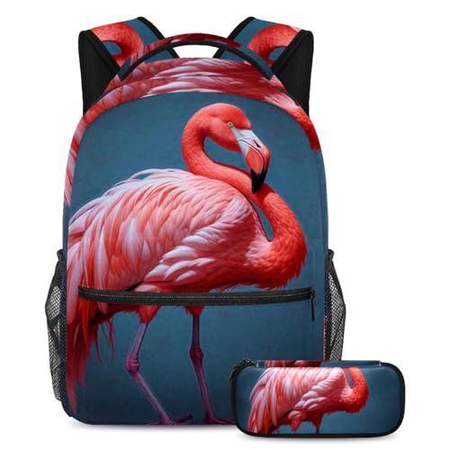 Cartable grande capacité Art flamant rose : lot de 22 grands sacs scolaires et trousses