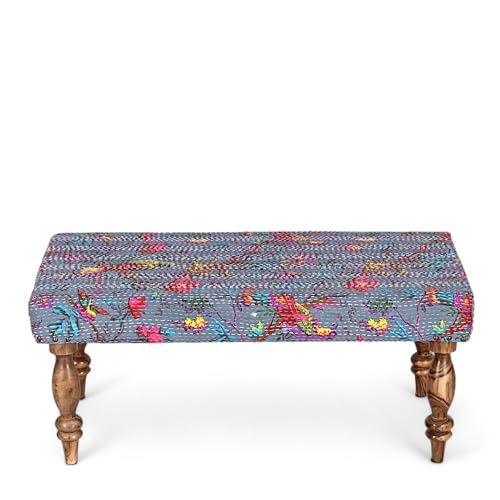 Ikiriya Collio Solid Wood 2 Seater Bench Wooden Bird Print Grey Kantha Upholestered Cushioned Couch Furniture for Home Living Room Dining Table - 36 x 18 x 16 Inch