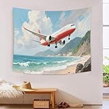 DFENILROP 3D Gedruckter Wandteppich Flugzeug, Weiches Artistisches Küstenszenerie Polyester-Tapete, Waschbar Dekoration Für Büro & Arbeitszimmer, Premium Geschenk 180cmx230cm