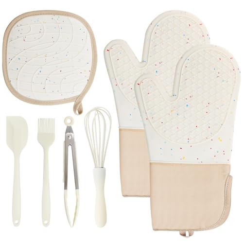 TOKSEO Silikon Ofenhandschuhe Topflappen 7er Set, Topfhandschuhe Hitzebestaendig, Anti Rutsch Backhandschuhe mit Schneebesen, Schaber, Ölpinsel, Lebensmittelzange für Kochen Backen Grillen TOKSEO Silikon Ofenhandschuhe Topflappen 7er Set, Topfhandschuhe Hitzebestaendig, Anti Rutsch Backhandschuhe mit Schneebesen, Schaber, Ölpinsel, Lebensmittelzange für Kochen Backen Grillen