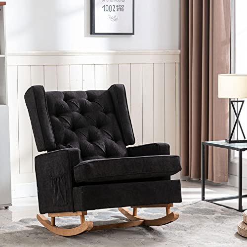Image of Rocking Chair Nursery,Upholstered Glider Chair for Nursery,Mid Century Modern Oversized Wingback Armchair for Living Room(Black)