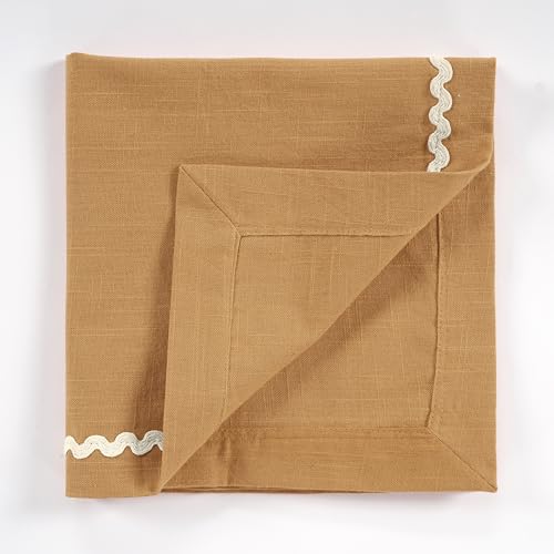 Image of FINGERCRAFT Cloth Napkins Set of 6, 18x18 Inch, 100% Cotton Table Napkins with RIC Rac Scallop Lace Trim, Reusable Washable Dinner Napkins for Wedding, Party, Dining & Home Decor (Brown)