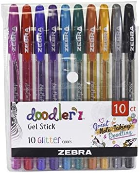 Zebra Pen Doodlerz Gel Stick Pen, Bold Point, 1.0mm, Assorted Glitter Colors, 10 Pack