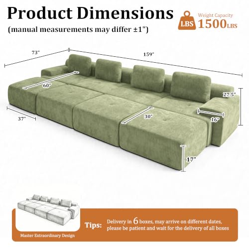 Image of 159 inch Oversized Boneless Couch, Comfort Cloud Sectional Couches for Living Room, Modular Sofa High Back & Extra Deep Seat, No Assembly, Soft Chenille Fabric (Olive Green, 159 inch-(4+4))