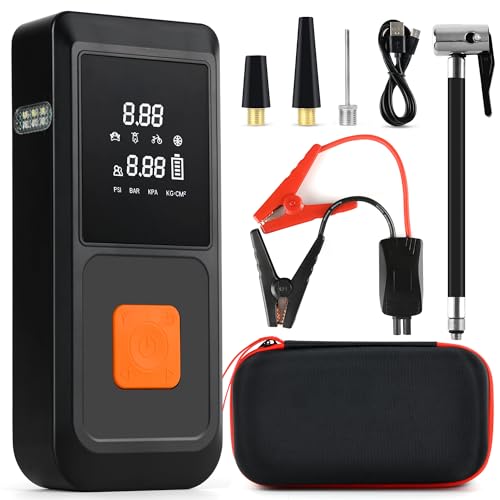 5000 A Starthilfe-Set mit 160 PSI Luftkompressor, 12 V tragbarer Autobatterie-Booster-Starthilfe (10 l Gas/9 l Diesel), 21800 mAh Auto-Powerbank, QC3.0, 18 W Schnellladung, Notfalllicht, LED-Display