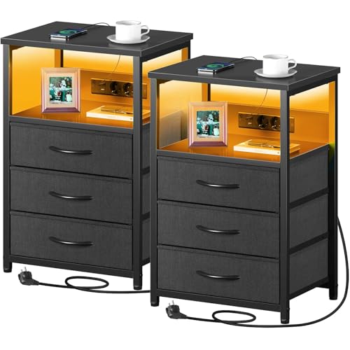 Seventable Lot de 2 Tables de Chevet connectées - avec 3 tiroirs, Prises USB et éclairage LED -...