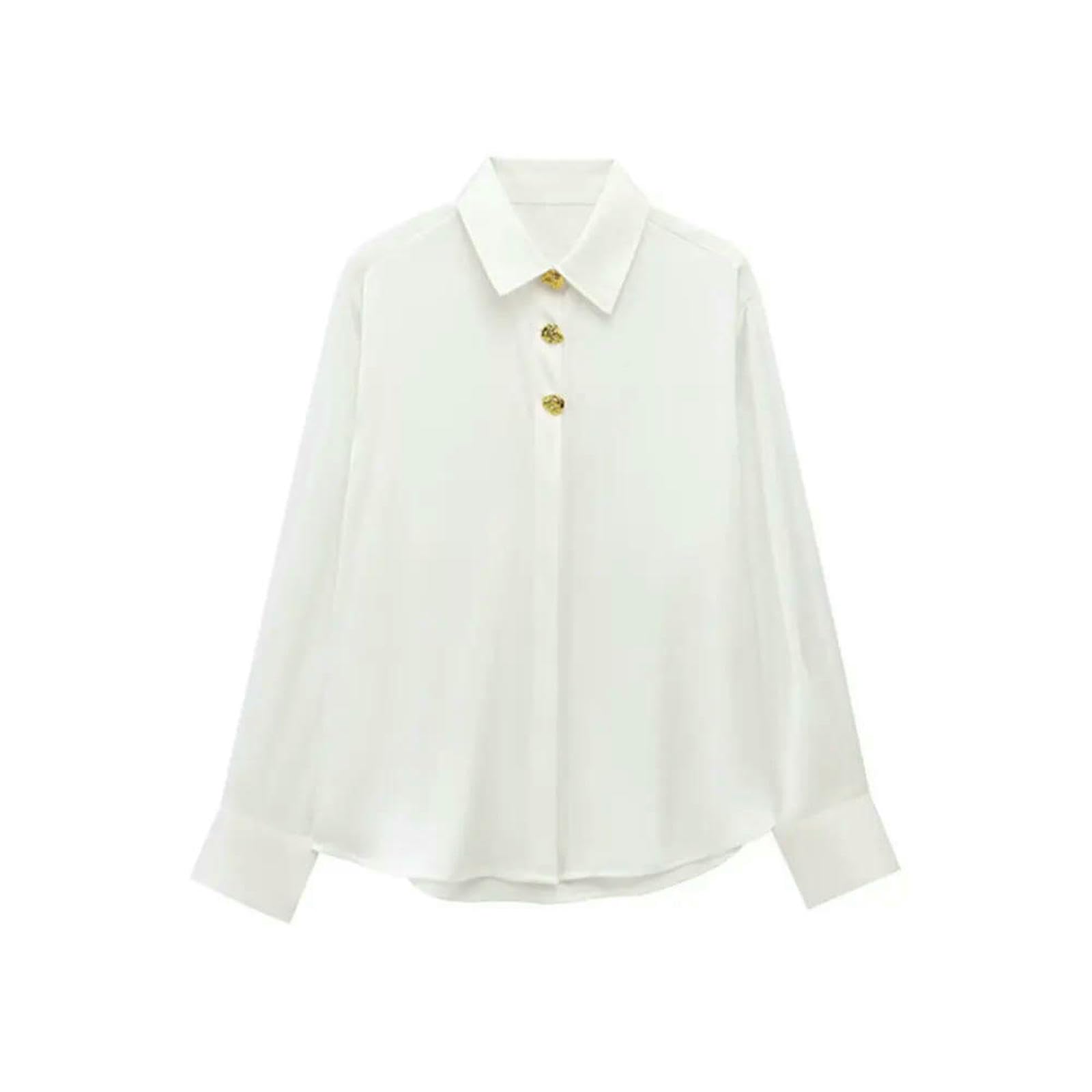 CHENSHI Camisa Mujer Blusa De Manga Larga con Cuello Solapa para Mujer, Top Elegante Botones Dorados A La Moda, Femenina-como Imagen_b-m