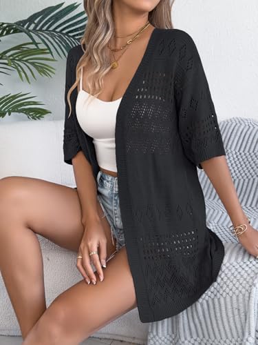 Image of Spicy Sandia Women's Loose Fit Short Sleeve Crochet Cardigan Sweaters for Summer