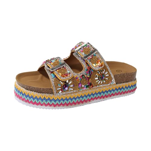 Sandales plateforme femme bohème avec perles et pierres colorées