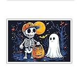 Arte de pared en lienzo de esqueleto y fantasma lindo Impresiones de bosque iluminado por la luna Truco o trato Obra de arte de esqueleto de temporada para decor de dormitorio 70x100cm Sin marco
