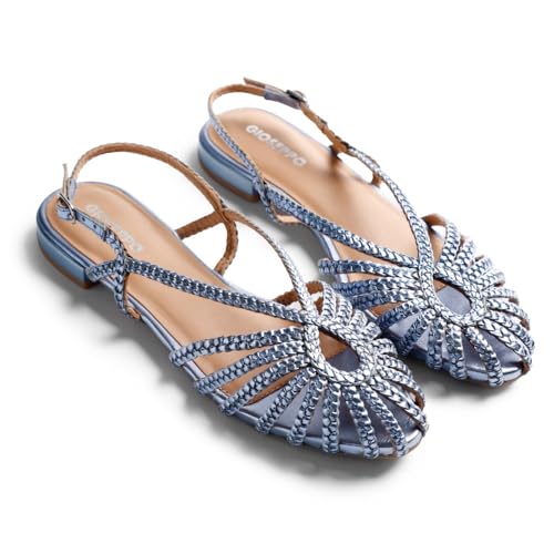 Gioseppo Hingham - Sandalias Cangrejeras de Piel Trenzada Hechas a Mano con Acabado Metalizado, Punta Ovalada, Cierre Ajustable en el Tobillo y Suela Flexible de Caucho, Color Azul, Talla 39