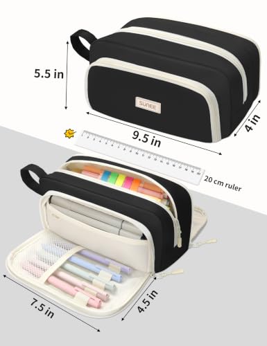 Image of SUNEE Cute Pencil Case, Aesthetic Pen Pouch with 3 Compartments, Kawaii Colored Large Pencil Bag with Zipper, Stationery Storage and Organizer, Black School Supplies for Teen and Adult Girls