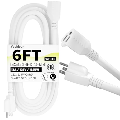 16/3 White Indoor Outdoor Extension Cord 6 Ft Waterproof Extension Cord with 3 Prong Grounded Plug 13A 1625W 16AWG SJTW Flexible Weatherproof Power Cable