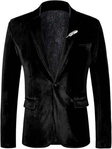 WEEN CHARM Velvet Blazer for Men Slim Fit One Button Sport Coat Tuxedo Jacket for Prom Wedding Party Dinner Black