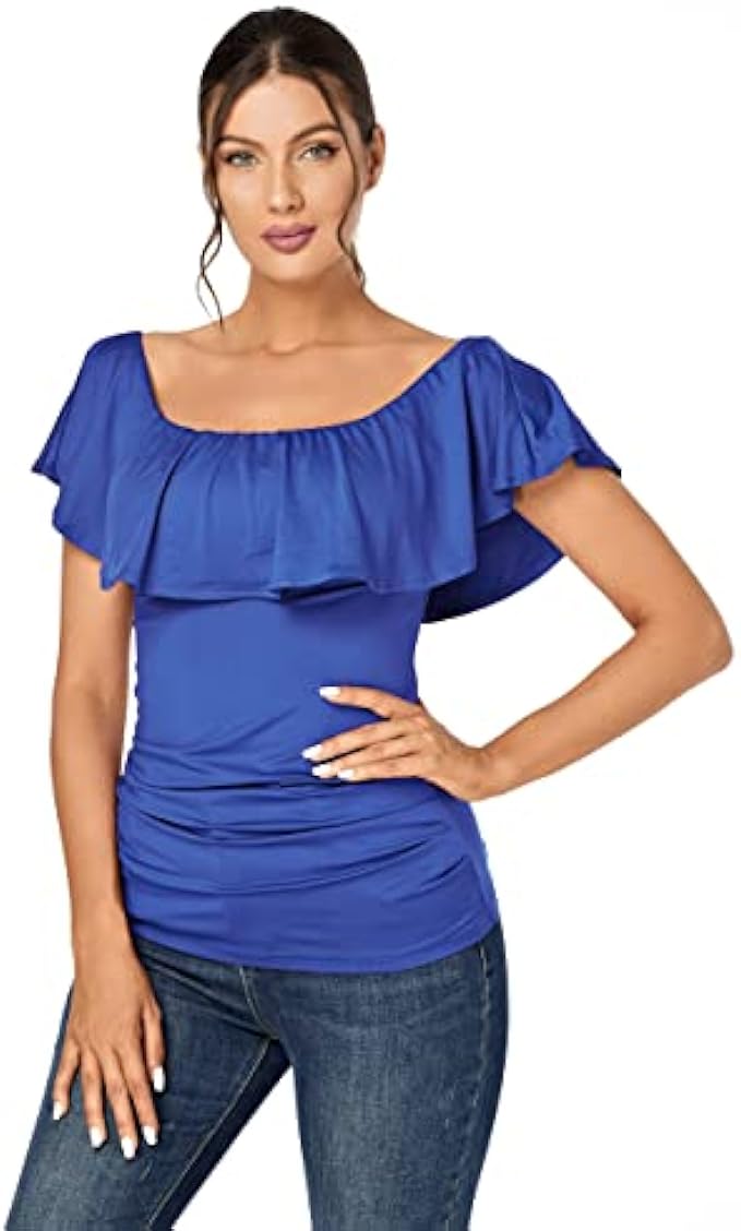 J.Corrine Women's Ruffle Off Shoulder Tops Ruched Flounce Short Sleeve Blouse Shirts