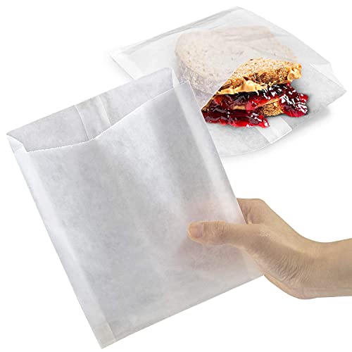 JESTIO Greaseproof Paper Food Bags - 8.5 x 8.5 (Pack of 100) Eco-Friendly & Biodegradable White Sandwich Bags for Snacks Lunch & Bakery