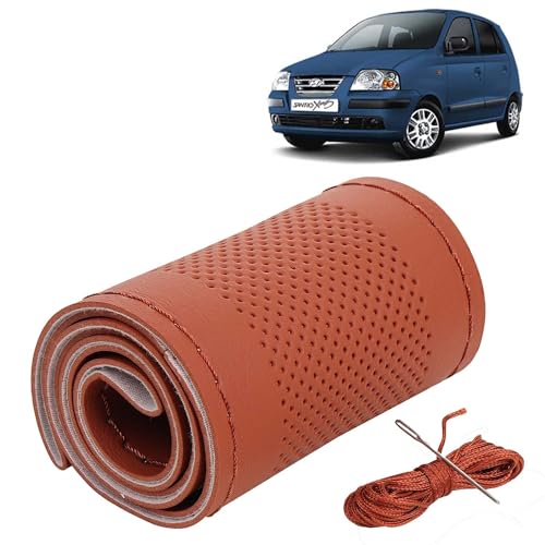 Image of KINGSWAY PU Leatherite Car Steering Cover Sewable Compatible with Hyundai Santro Xing (Year 2003-2018), Tan Color with Tan Thread, Pack of 1 with Sewing Needle and Thread