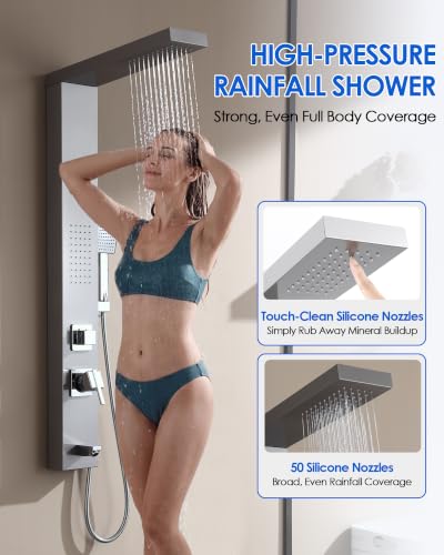 Image of ROVOGO Sleek Shower Panel Tower System, 4 Functions, 46-1 /2 inch H, Brushed