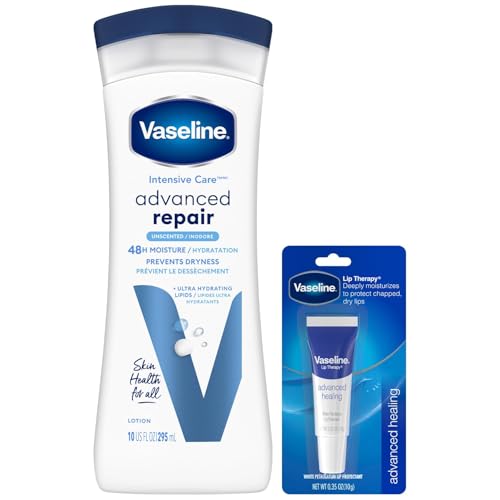 Vaseline Intensive Care Lotion, Unscented, Advanced Repair – Non-Greasy Moisturizer for Extremely Dry Skin + Advanced Lip Therapy Tube
