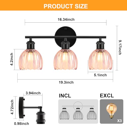 Image of Bathroom Light Fixtures, 3-Light Brushed Black Vanity Lights for Bathroom with Pink Tulip Glass Shade, 20 inch Vintage Bathroom Vanity Lighting Fixtures Over Mirror for Bedroom Living Room Hallway