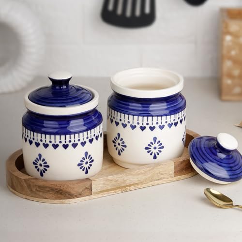 Image of The Earth Store Blue Drape Ceramic Jar with Wooden Tray | 650ml Each | Pickle Jar | Kitchen Storage Container Set for Pickle, Cookies, Sugar, Tea, Coffee - 2 Jars & 1 Tray Combo Set