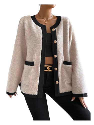 Verdusa Women's Old Money Button Down Sherpa Jacket Business Casual Fuzzy Outerwear with Pockets