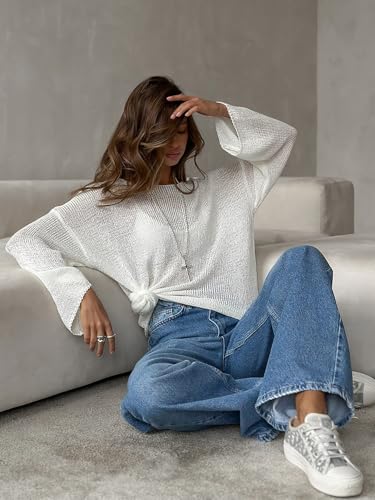 Women's Sweater Casual Long Sleeve Crewneck Lightweight Crochet Pullover Hollow Out Knit Tops3