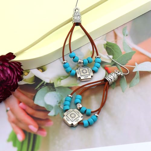 Boho Western Earrings,Vintage Turquoise Flower Leather Braid Dangle Drop Earrings for Women,Bohemian Country Concert Jewelry Accessories4