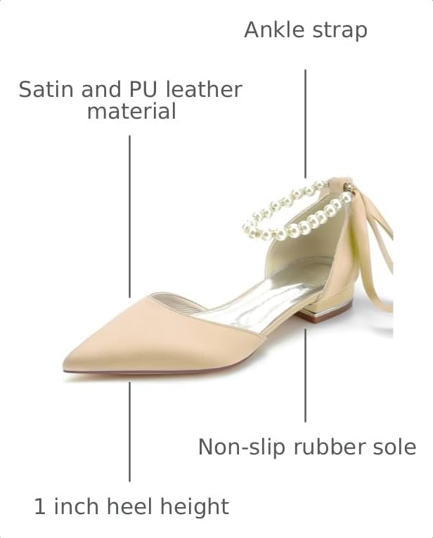 Image of Women's Pointed Toe Pumps Pearl Satin Wedding Shoes for Bride Flats Ankle Strap Bridal Shoes Formal Prom Party Dress Pumps Sandals