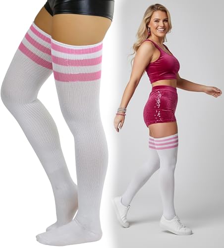 Image of ToBeInStyle Women's Heavyweight Knit Thigh High Long Socks w /Contrast 3 Stripe Top Band