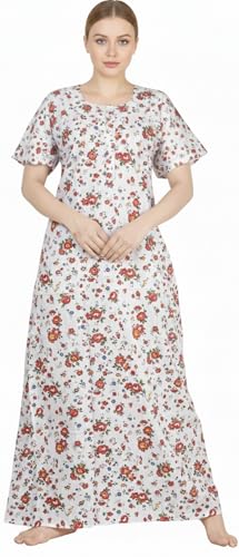 Image of Keyocean Women's Cotton Printed Maxi Nighty, Full Length Night Gown for Women, Comfortable Night Gown and Sleepwear, Free Size, Pack of 2