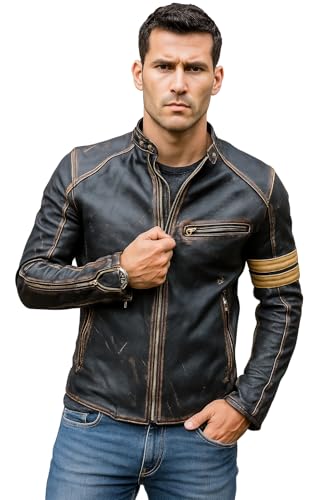 Mens Distressed Black Leather Jacket Biker Retro Cafe Racer Vintage Leather