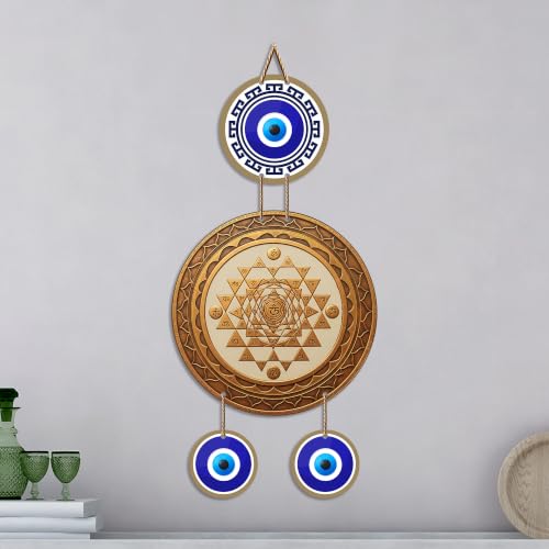 Image of Artvibes Wooden Sri Yantra Evil Eye Wall Hanging Decor for Home and Office | Sacred Vastu Energy Balancing Ornament | Spiritual Wall Accent for Entrance and Gift Giving (WH 85137N)