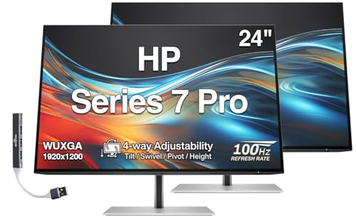 Image of HP Series 7 Pro 24 inch WUXGA IPS Monitor (2 Pack) | 5ms Response Time, Anti Glare, Flicker Free, Tilt, Swivel, Pivot, VESA Mount (100mm), Displayport, HDMI, Black /Silver Color