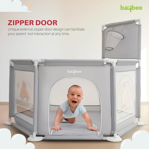 Image of Baybee Neo Plus Kids Playpen for Babies | Baby Activity Playards with Basket Ball Hoop, Zipper Door & Corner Protection | Baby Play Area Indoor Setup with Hexagon shape for Extra Space | Outdoor Play Pen for Baby up to 5 Years (Grey)