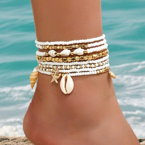 Image of Qceasiy Bead Ankle Bracelets Set For Women, Adjustable Gold Plated Boho Shell Anklet, Hawaiian Beach Seashell Pearl Disc Starfish Conch Foot Jewelry, Summer Fashion Gifts