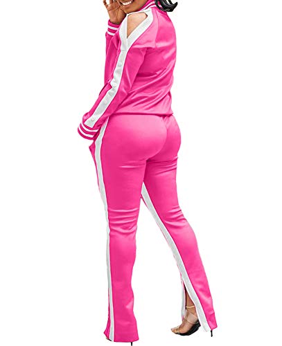 Jogging Suits For Women - Sweat Suits Set Long Sleeve Zipper Hoodies Sweatshirt + Wide Leg Slit Pants Tracksuit Set Rose X-Large #TOP1