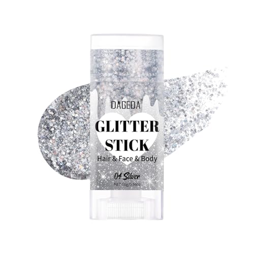 Prreal Body Glitter Stick, Sparkly Face Glitter Gel Makeup,Holographic Hair Glitters Mermaid Sequins Makeup Rave Outfit for Women, Shimmer Face Paint Stick Concert Festival Accessories, Silver