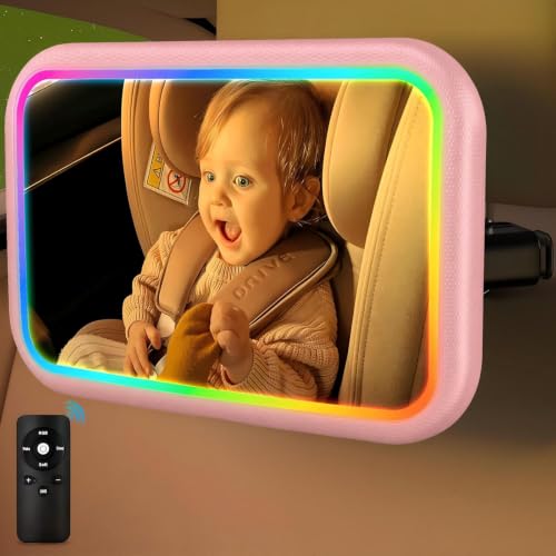 Image of Baby Car Mirror with Light, Pink | 7 RGB Light Rear Facing Car Seat Mirror for Baby with Remote Control Rechargeable 360 Rotation Hook Clip Design Wide View