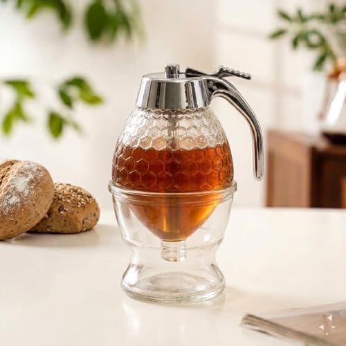 Image of No Drip Honey Dispenser Bottle with Stand | Honeycomb Honey Jar with Trigger Handle | Leakproof Syrup Dispenser for Honey, Maple Syrup, Olive Oil & Pancake Toppings