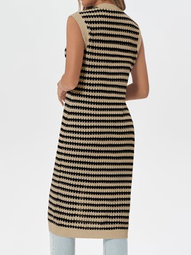 Image of Saodimallsu Womens Sleeveless Summer Cardigan Striped V Neck Button Up Loose Knit Midi Sweater Tank Dress
