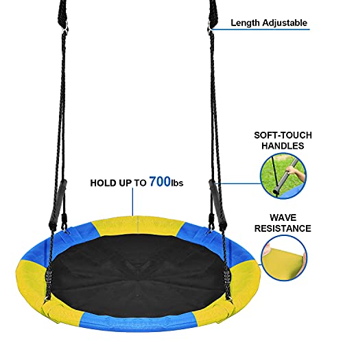 Saucer Tree Swing 46 Inch, 800 lb Capacity Swing with Tree Straps, Textliene Fabric Waterproof Durable Steel Frame and Carabiner for Playground and Backyard, New Year Day Gifts (Blue+Yellow)