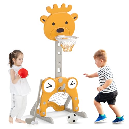 HONEY JOY Toddler Basketball Hoop, Outdoor Indoor Mini Basketball Goal Toy Stand, Adjustable Height, Play Game Preschool Birthday Gift, Kids Basketball Hoop for Boys Girls (Yellow Fawn)