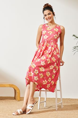 Image of Janasya Women's Pink Pure Cotton Floral Printed A-line Dress