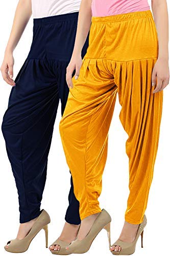 Women's Cotton Viscose Lycra Dhoti Patiyala Salwar Harem Bottoms Pants Mango Yellow Navy Combo Pack of 2